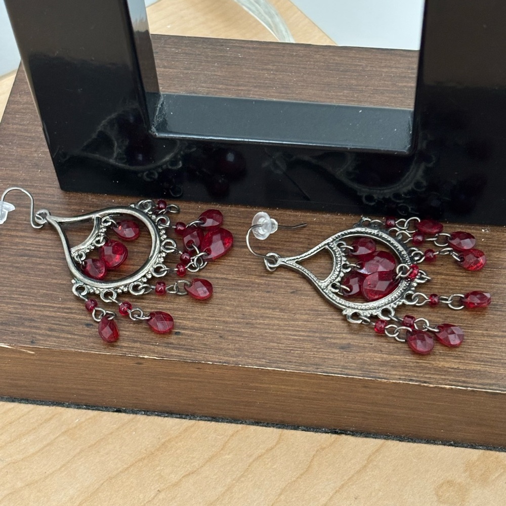Crimson Red Chandelier Earrings with Teardrop Beads / silver tone wires - Picture 4 of 7
